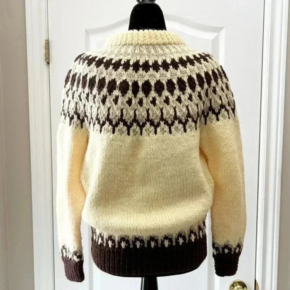 Hand Knit Cardigan Button Up Sweater Fair Isle Yellow and Brown  Size Small - Picture 12 of 13